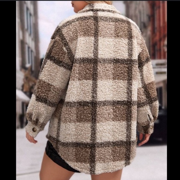 SHEIN CURVE LUNE Plus Plaid Pattern Drop Shoulder Teddy Coat Tan Cream Sz 2X - Picture 4 of 16